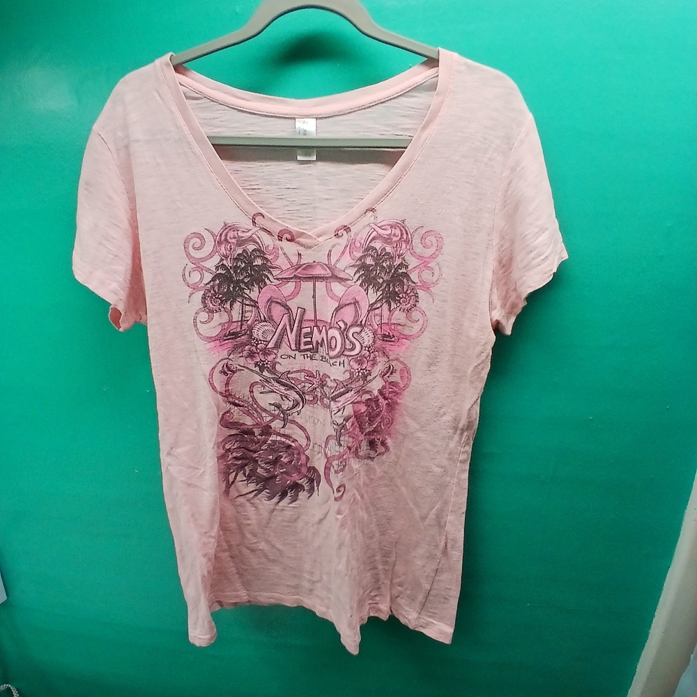 Pimatee Graphic Tee XXL Pink Nemos On The Beach Tropical Coastal Slub V-Neck